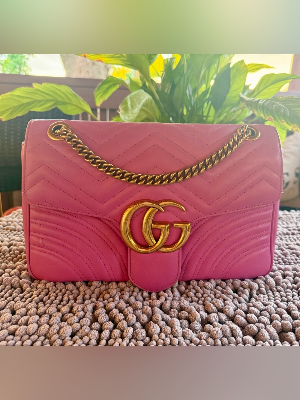 Gucci Pink GG Marmont Chevron Shoulder Bag with Gold Hardware